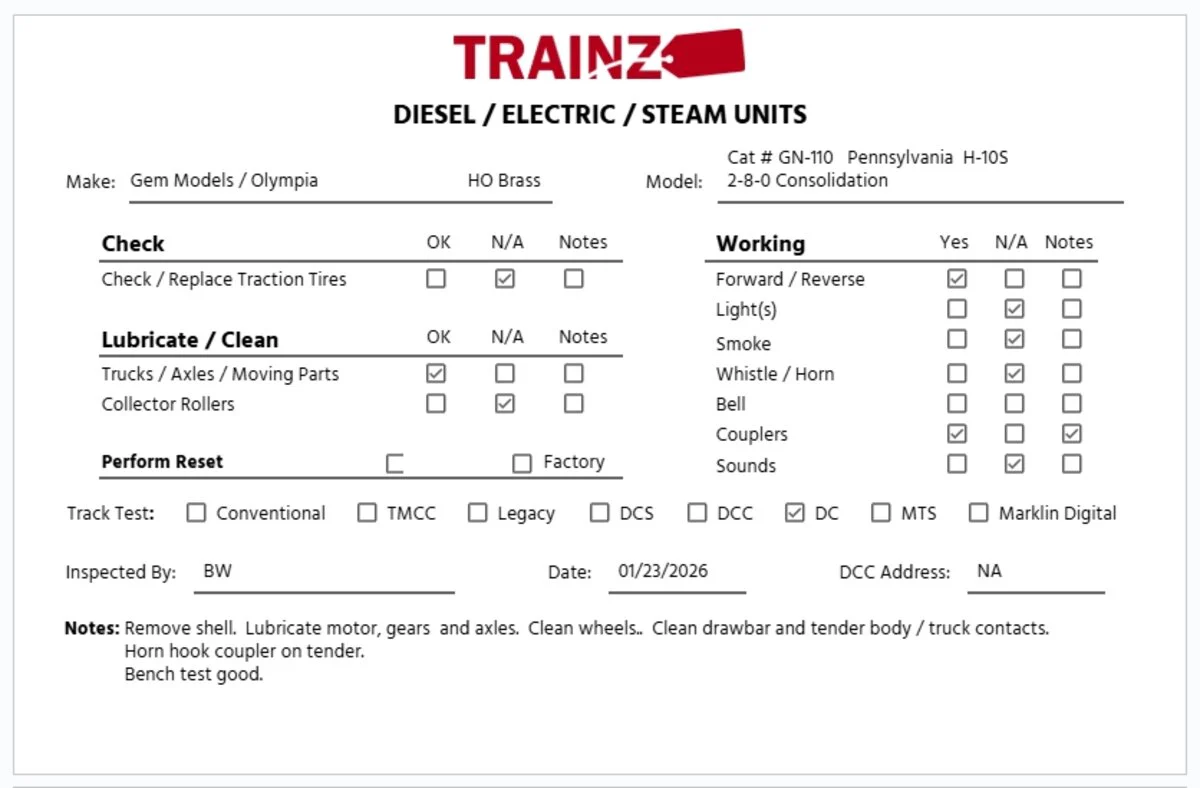 Gem Models/Olympia GN-110 HO BRASS Pennsylvania 2-8-0 H10S Steam Loco & Tender EX - Image 11