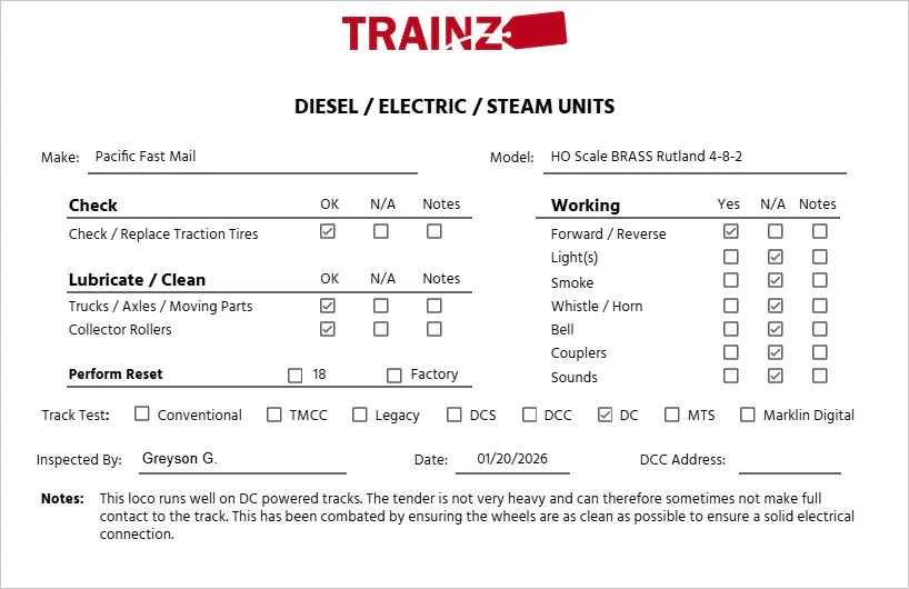 Pacific Fast Mail HO Scale BRASS Rutland 4-8-2 Steam Loco & Tender #93 Custom EX - Image 11
